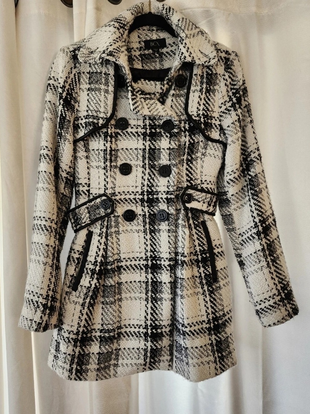 BCX Black & White Plaid Tweed Double-Breasted Pea Coat